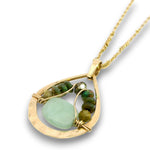 Mini brass teardrop pendant with jade, crystal, and black opal gemstones on 14k gold filled wire and chain necklace