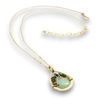 Mini brass teardrop pendant with jade, crystal, and black opal gemstones on 14k gold filled wire and chain necklace