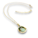 Mini brass teardrop pendant with jade, crystal, and black opal gemstones on 14k gold filled wire and chain necklace