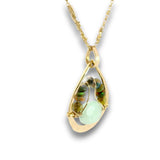 Mini brass teardrop pendant with jade, crystal, and black opal gemstones on 14k gold filled wire and chain necklace