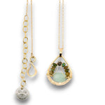 Mini brass teardrop pendant with jade, crystal, and black opal gemstones on 14k gold filled wire and chain necklace