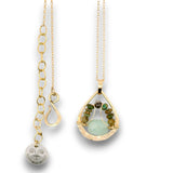 Mini brass teardrop pendant with jade, crystal, and black opal gemstones on 14k gold filled wire and chain necklace