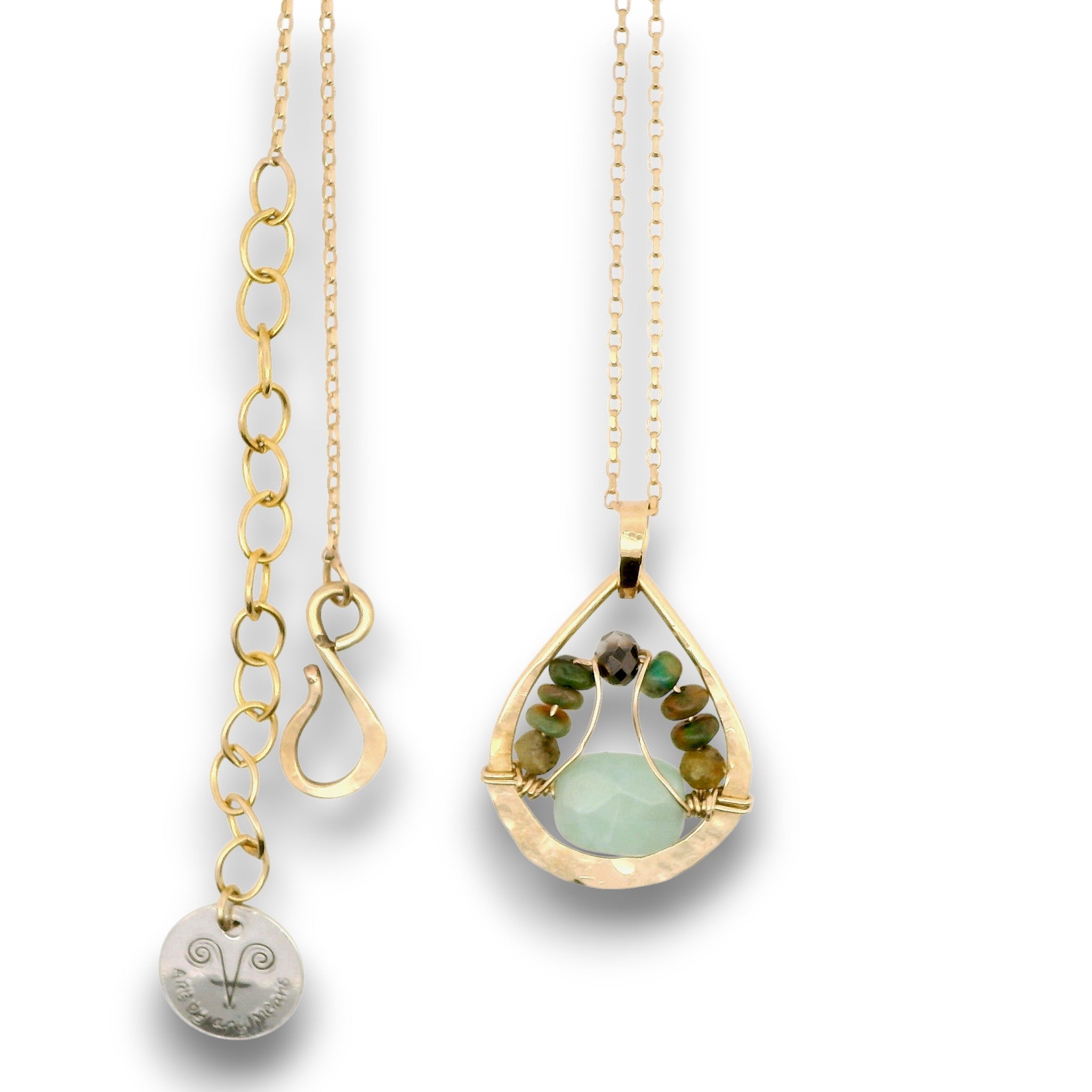 Mini brass teardrop pendant with jade, crystal, and black opal gemstones on 14k gold filled wire and chain necklace