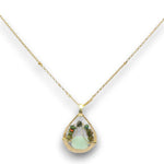 Mini brass teardrop pendant with jade, crystal, and black opal gemstones on 14k gold filled wire and chain necklace