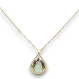 Mini brass teardrop pendant with jade, crystal, and black opal gemstones on 14k gold filled wire and chain necklace