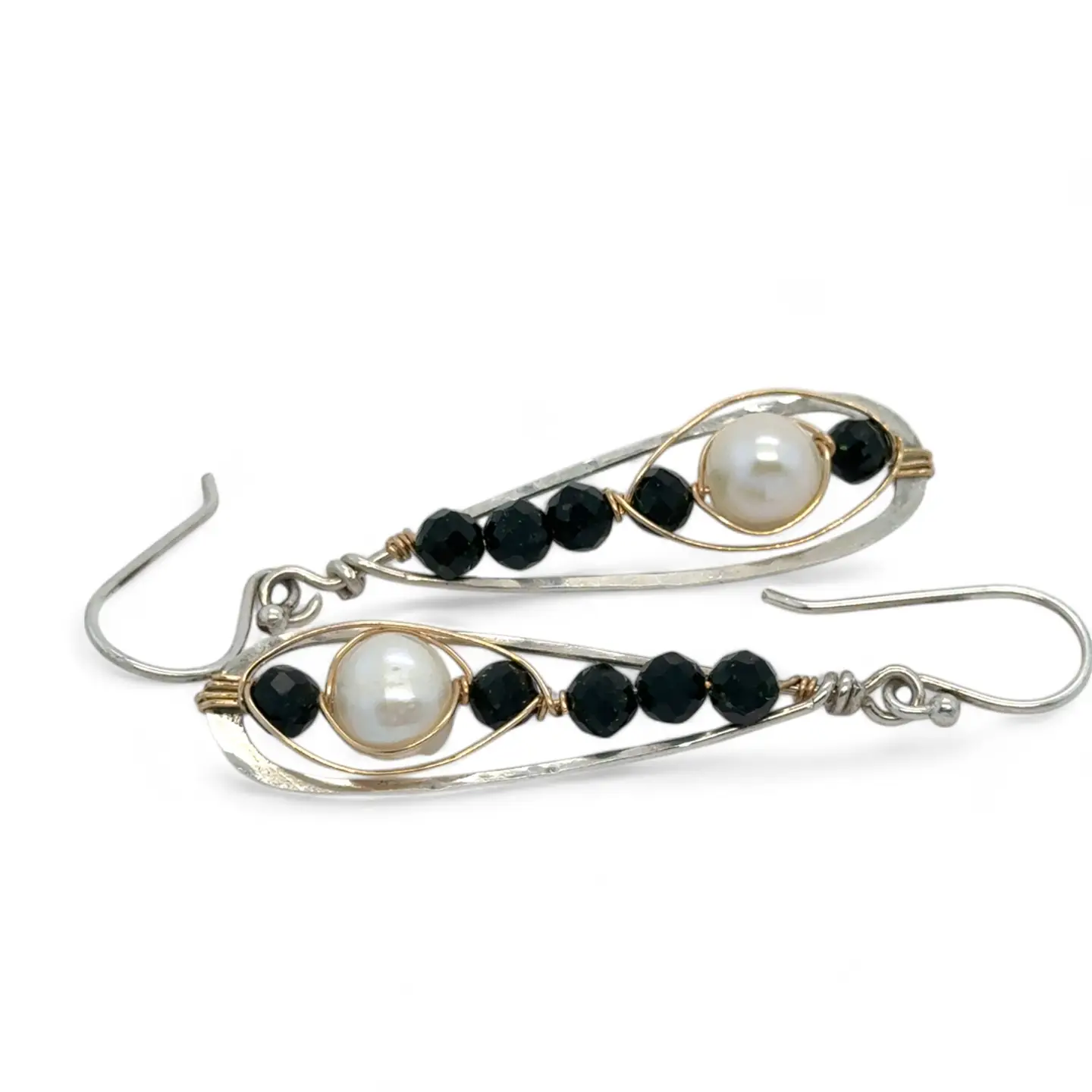 Green goldstone and round fresh water pearls are wrapped in gold filled wire attached to small sterling silver hammered drop earrings