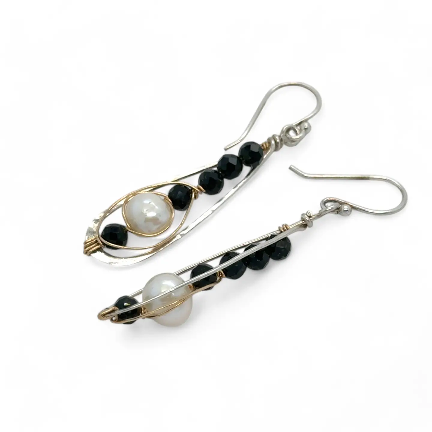 Green goldstone and round fresh water pearls are wrapped in gold filled wire attached to small sterling silver hammered drop earrings