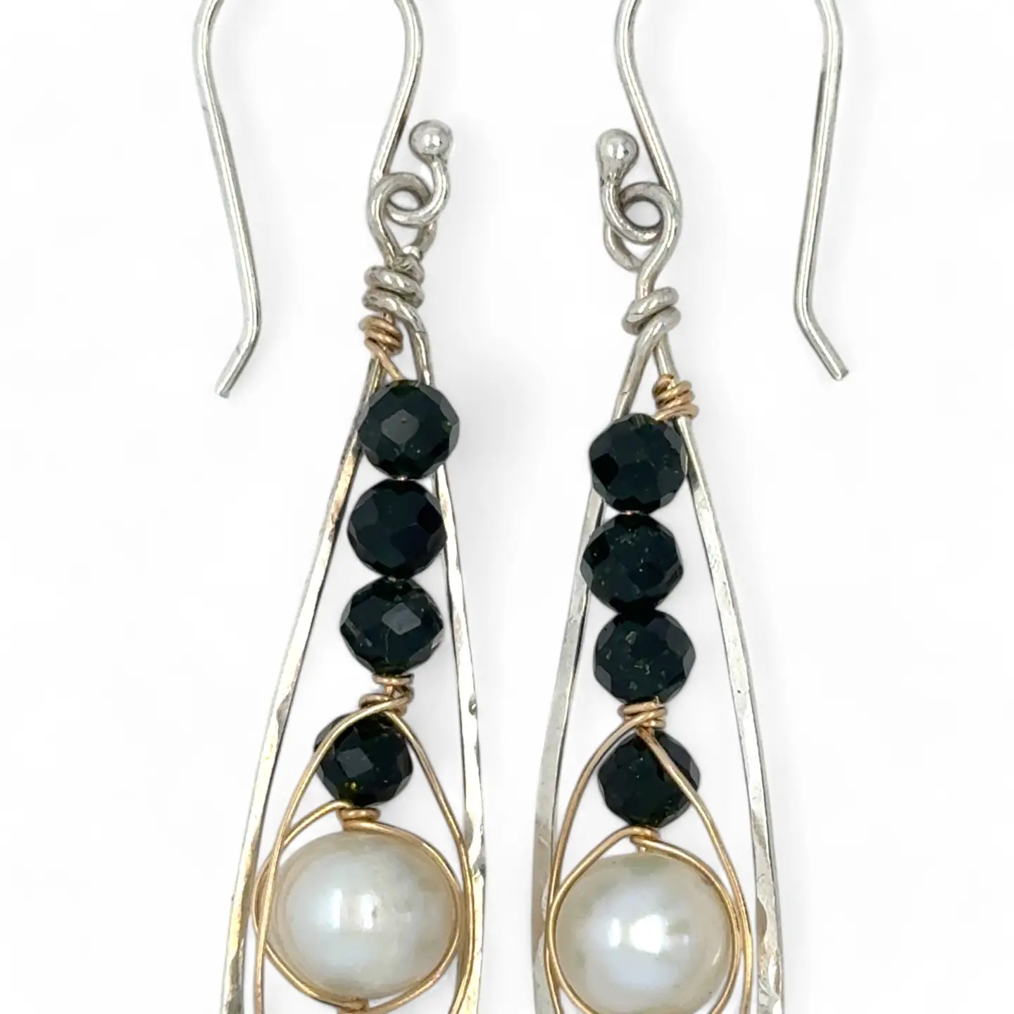Green goldstone and round fresh water pearls are wrapped in gold filled wire attached to small sterling silver hammered drop earrings