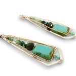Bronze long kite earrings with turquoise glass, ruby zoisite, green amethyst, crystal and pyrite gemstones wrapped in twisted brass wire
