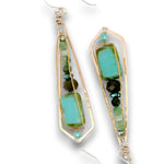 Bronze long kite earrings with turquoise glass, ruby zoisite, green amethyst, crystal and pyrite gemstones wrapped in twisted brass wire