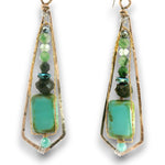 Bronze long kite earrings with turquoise glass, ruby zoisite, green amethyst, crystal and pyrite gemstones wrapped in twisted brass wire