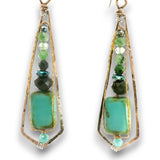 Bronze long kite earrings with turquoise glass, ruby zoisite, green amethyst, crystal and pyrite gemstones wrapped in twisted brass wire