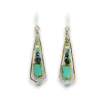 Bronze long kite earrings with turquoise glass, ruby zoisite, green amethyst, crystal and pyrite gemstones wrapped in twisted brass wire