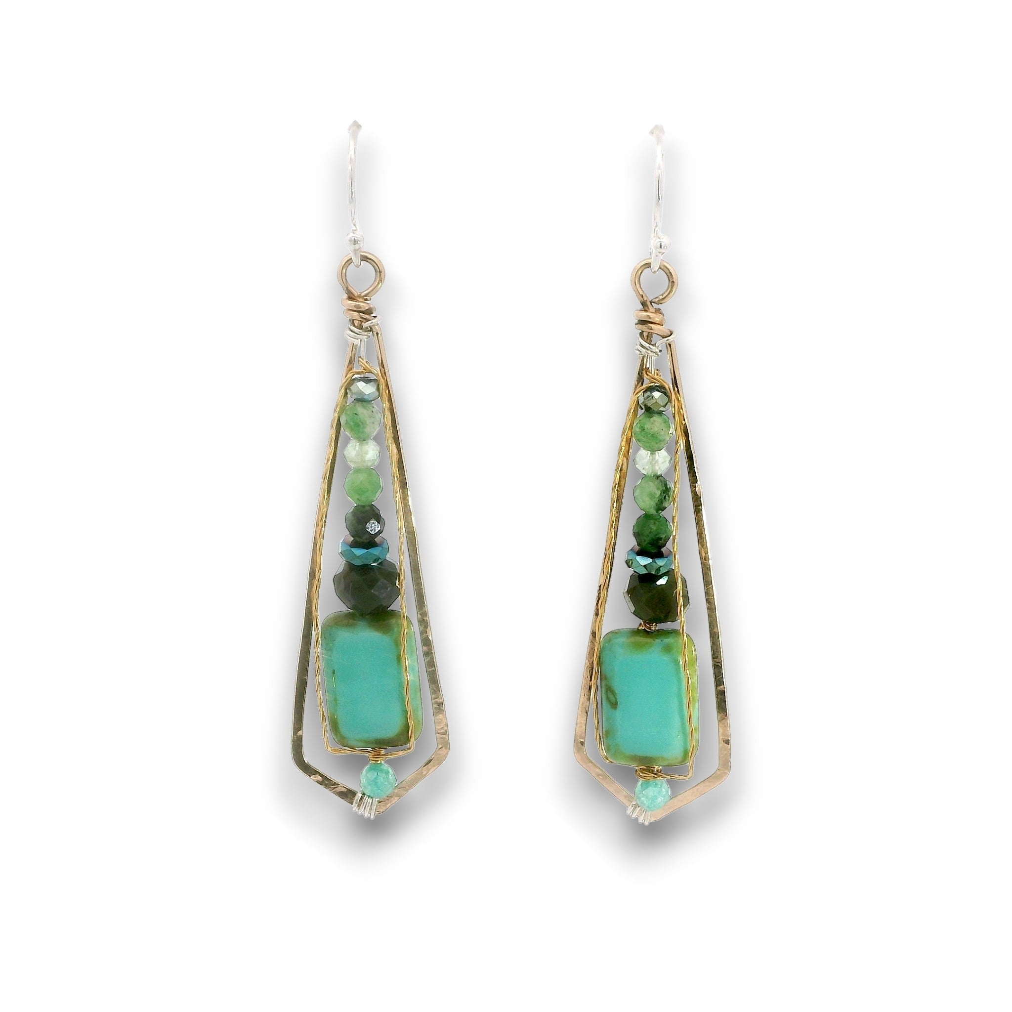 Bronze long kite earrings with turquoise glass, ruby zoisite, green amethyst, crystal and pyrite gemstones wrapped in twisted brass wire