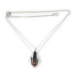 A hammered sterling silver diamond pendant hold a bloodstone faceted skinny drop accented with fancy jasper gemstones, held on a sterling silver dainty double chain necklace