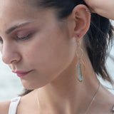 A pair of dangling earrings with sterling silver and bronze semi-circle elements, accented with tiny faceted aqua cat's eye gemstones and labradorite dangles