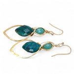 A pair of gold-colored brass earrings with a double drop design, featuring blue green chrysocolla marquise gemstones and chalcedony wrapped in gold filled wire