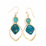 A pair of gold-colored brass earrings with a double drop design, featuring blue green chrysocolla marquise gemstones and chalcedony wrapped in gold filled wire