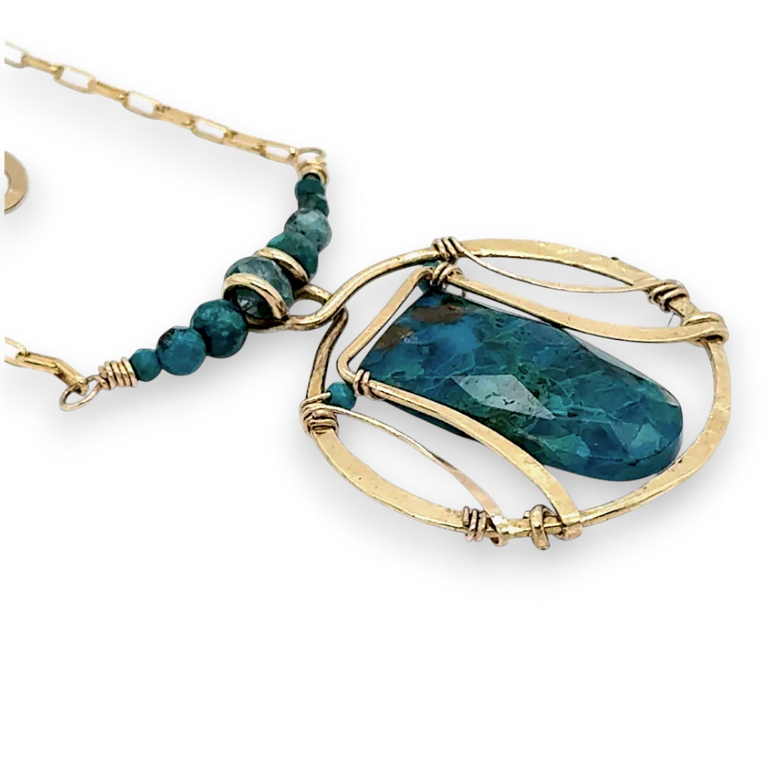 Brass circular pendant with square top chrysocolla drop, green apatite, and faceted chrysocolla gemstones on gold filled wire and chain necklace