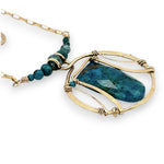 Brass circular pendant with square top chrysocolla drop, green apatite, and faceted chrysocolla gemstones on gold filled wire and chain necklace