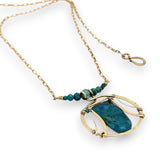 Brass circular pendant with square top chrysocolla drop, green apatite, and faceted chrysocolla gemstones on gold filled wire and chain necklace