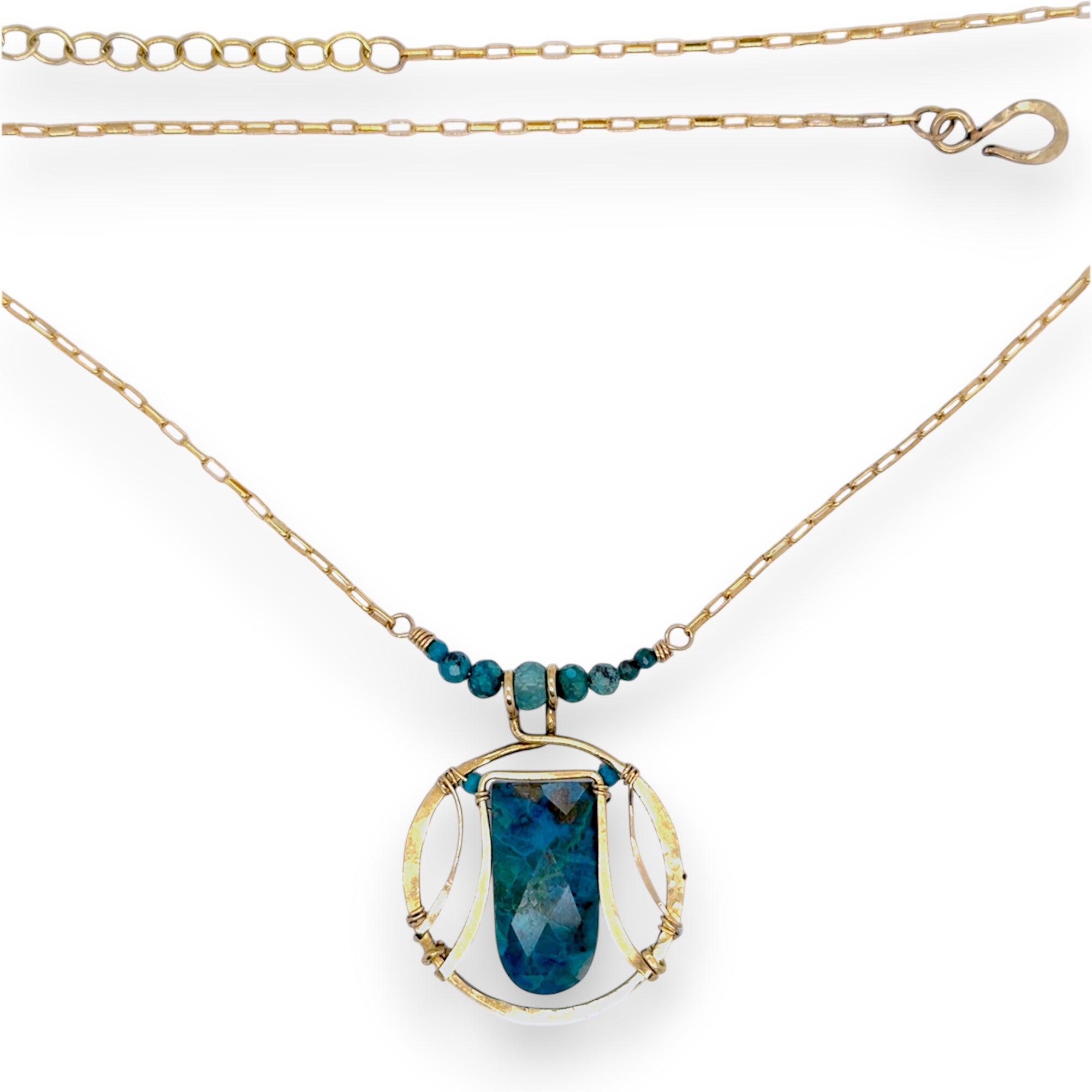 Brass circular pendant with square top chrysocolla drop, green apatite, and faceted chrysocolla gemstones on gold filled wire and chain necklace