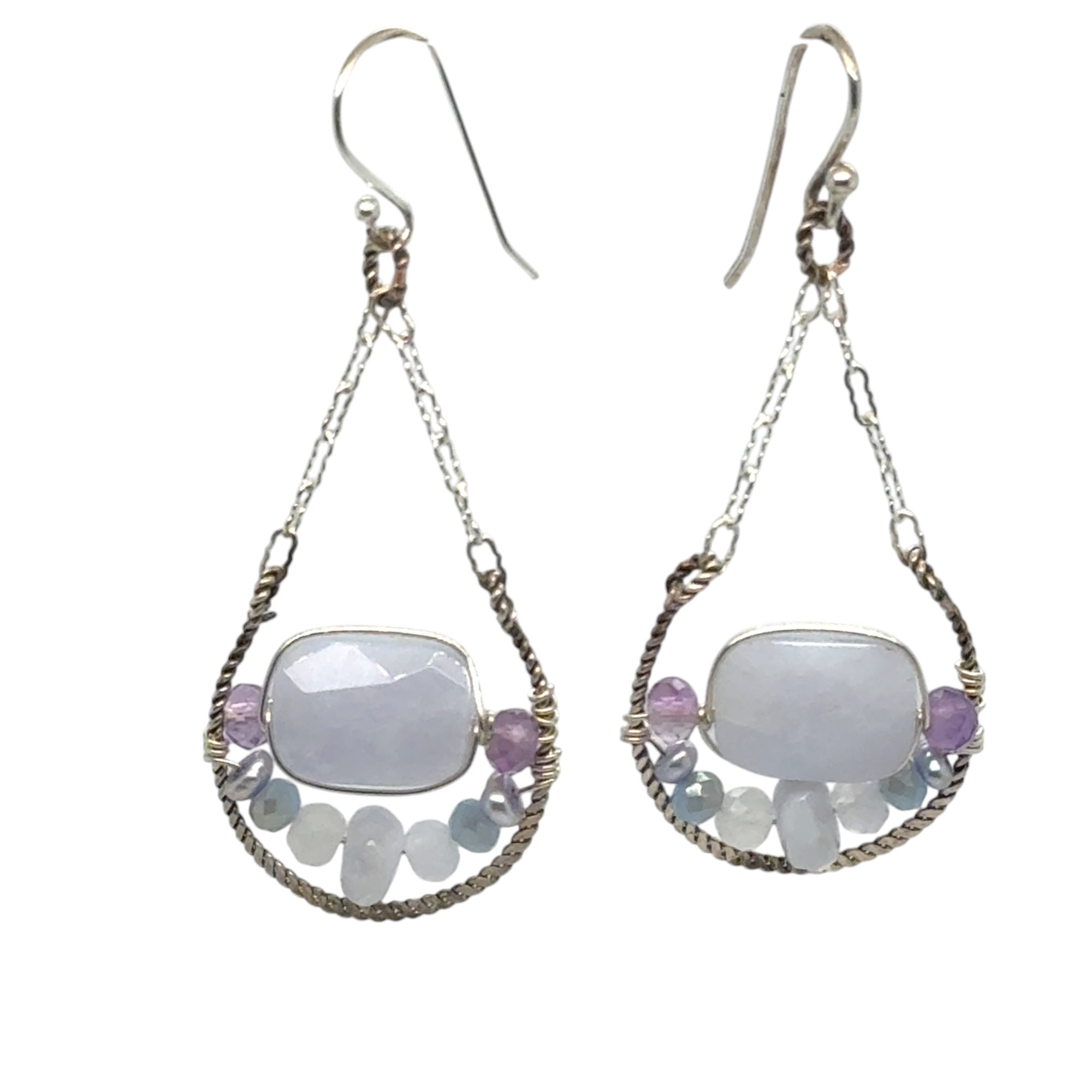 Blue lace agate cup shaped darkened sterling silver twist earrings with amethyst and fresh water pearl details