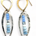 oxidized sterling silver hammered marquise on brass hammered drop earrings with blue lace agate gemstones and crystal cubes