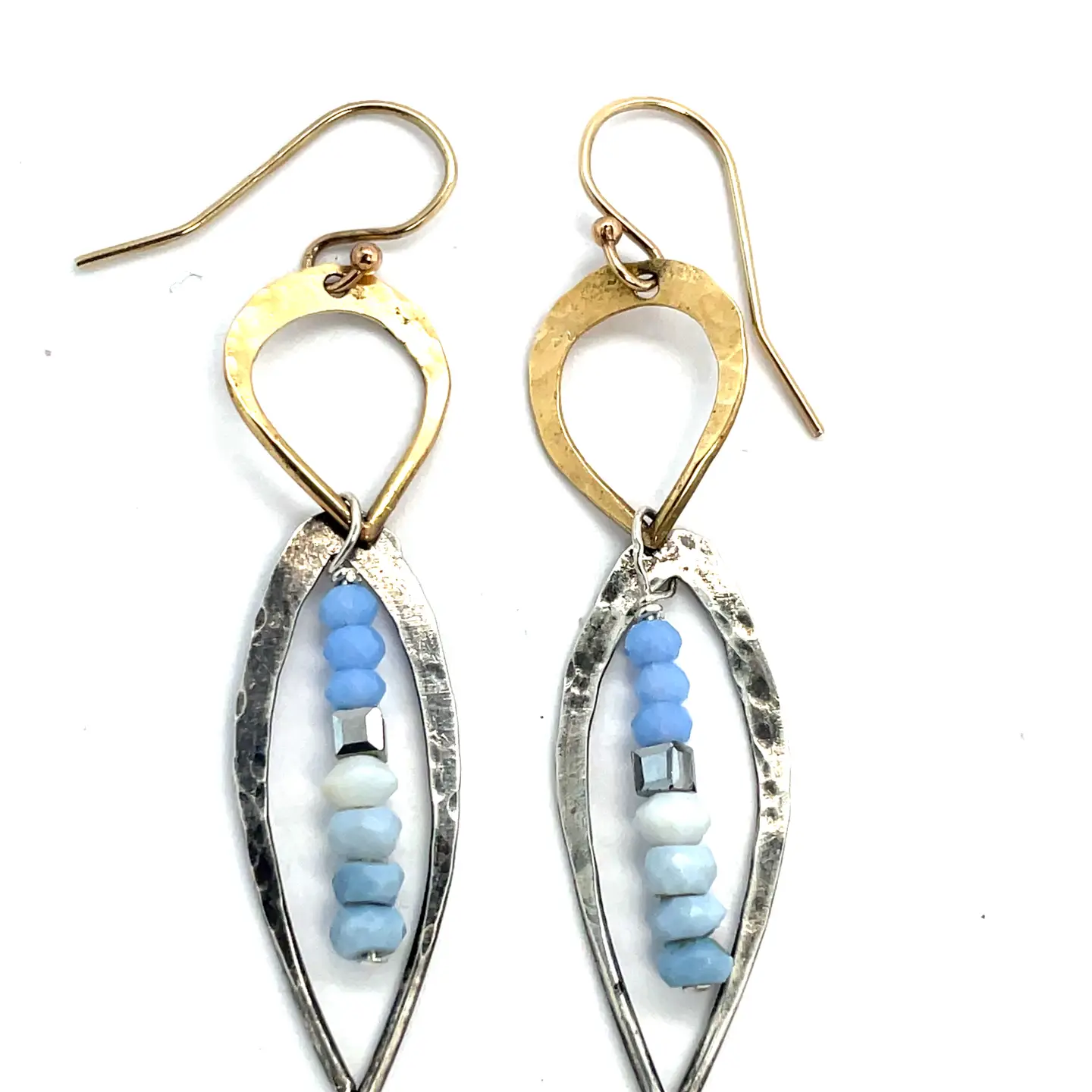 oxidized sterling silver hammered marquise on brass hammered drop earrings with blue lace agate gemstones and crystal cubes