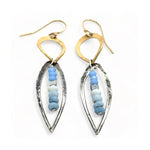 oxidized sterling silver hammered marquise on brass hammered drop earrings with blue lace agate gemstones and crystal cubes