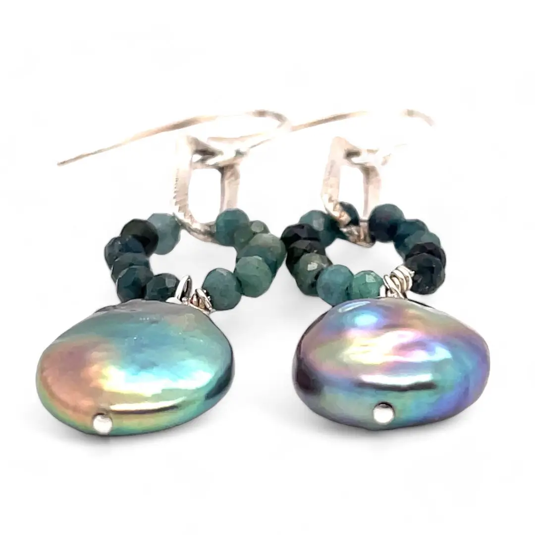 Blue tourmaline gemstones with a peacock fresh water pearl drop on textured sterling silver link earrings