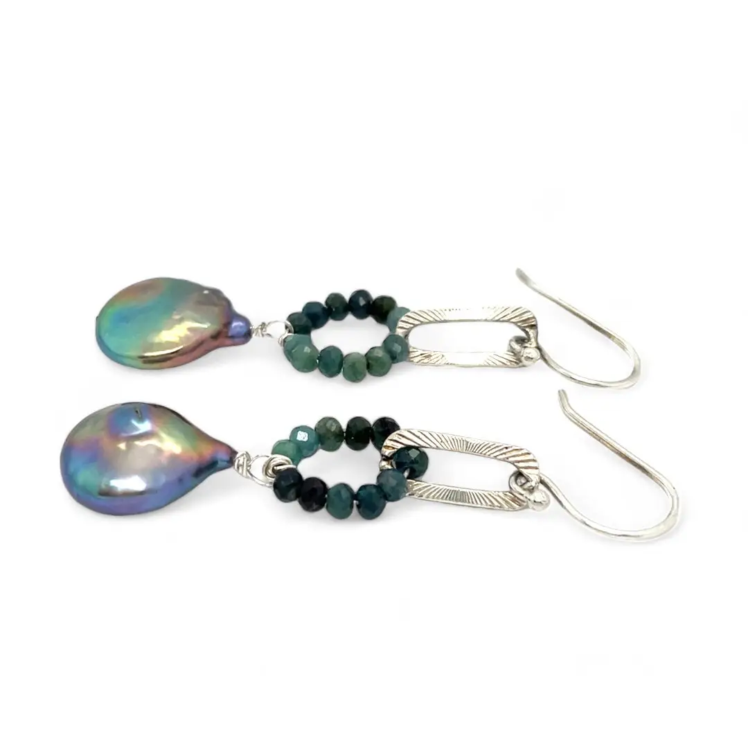 Blue tourmaline gemstones with a peacock fresh water pearl drop on textured sterling silver link earrings