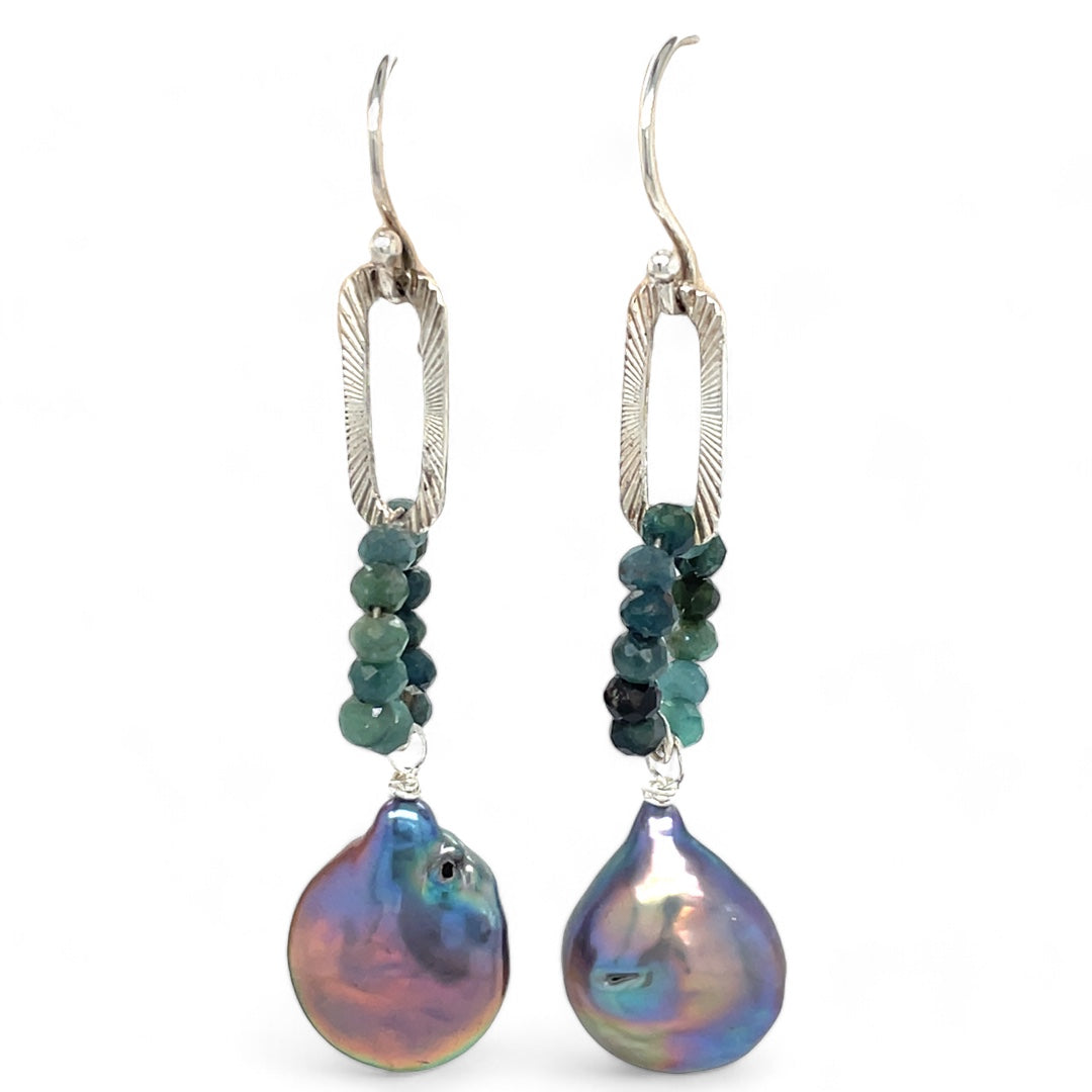 Blue tourmaline gemstones with a peacock fresh water pearl drop on textured sterling silver link earrings