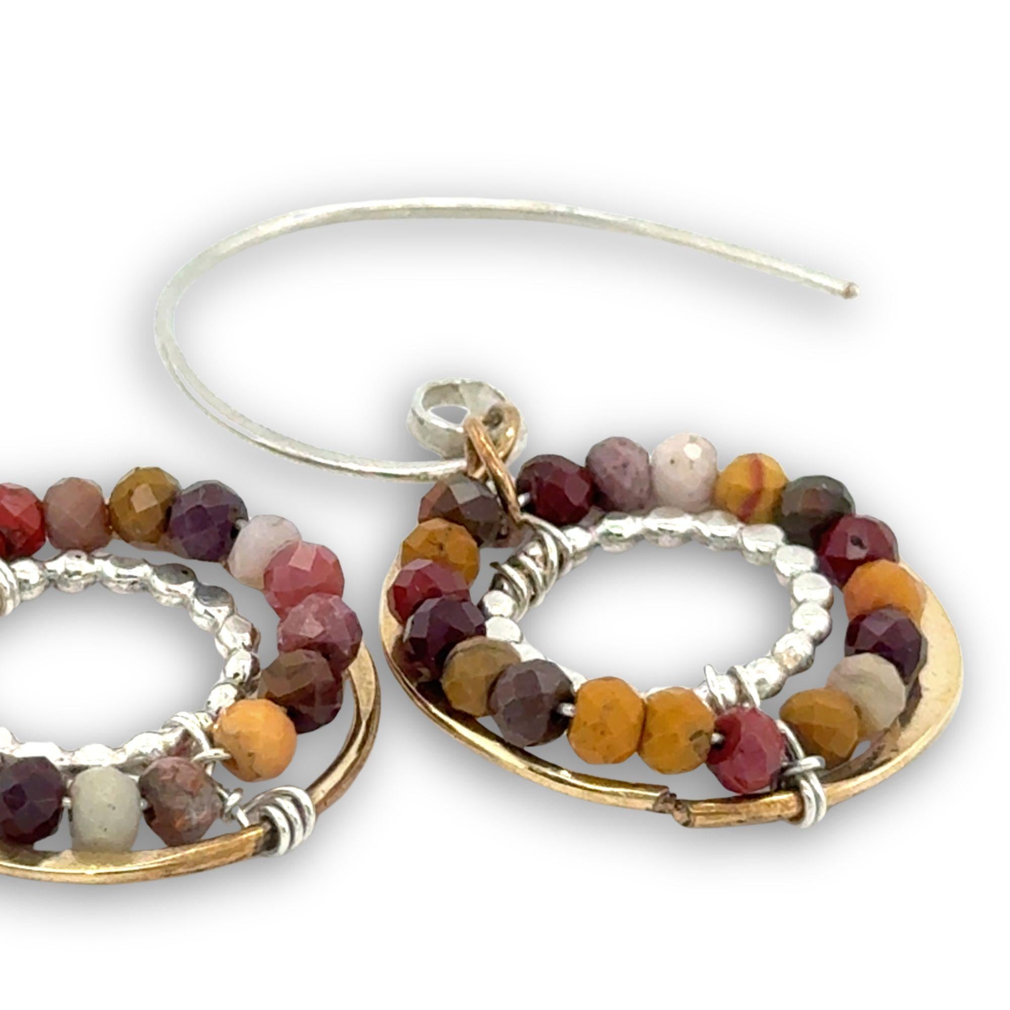 mini hammered brass and sterling dot wire rings with mookaite jasper and out handmade hoop earring hooks