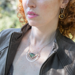 Leaf stamped sterling silver bowl shaped pendant with bronze v shape accents. A fan shaped flashy labradorite gemstone with fresh water pearl and micro-faceted gemstones and a sterling silver chain