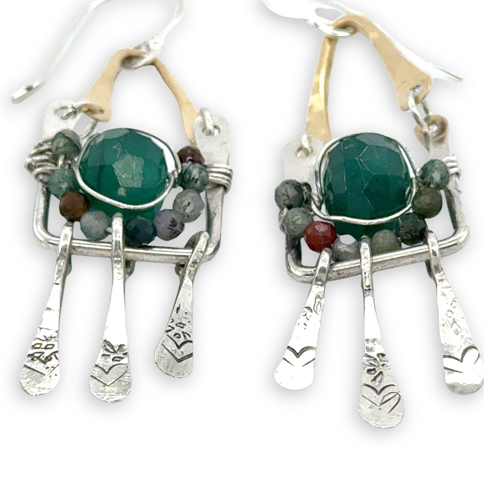 Hammered brass arch and sterling silver box earrings filled with green onyx and fancy jasper gemstones with stamped sterling silver paddles