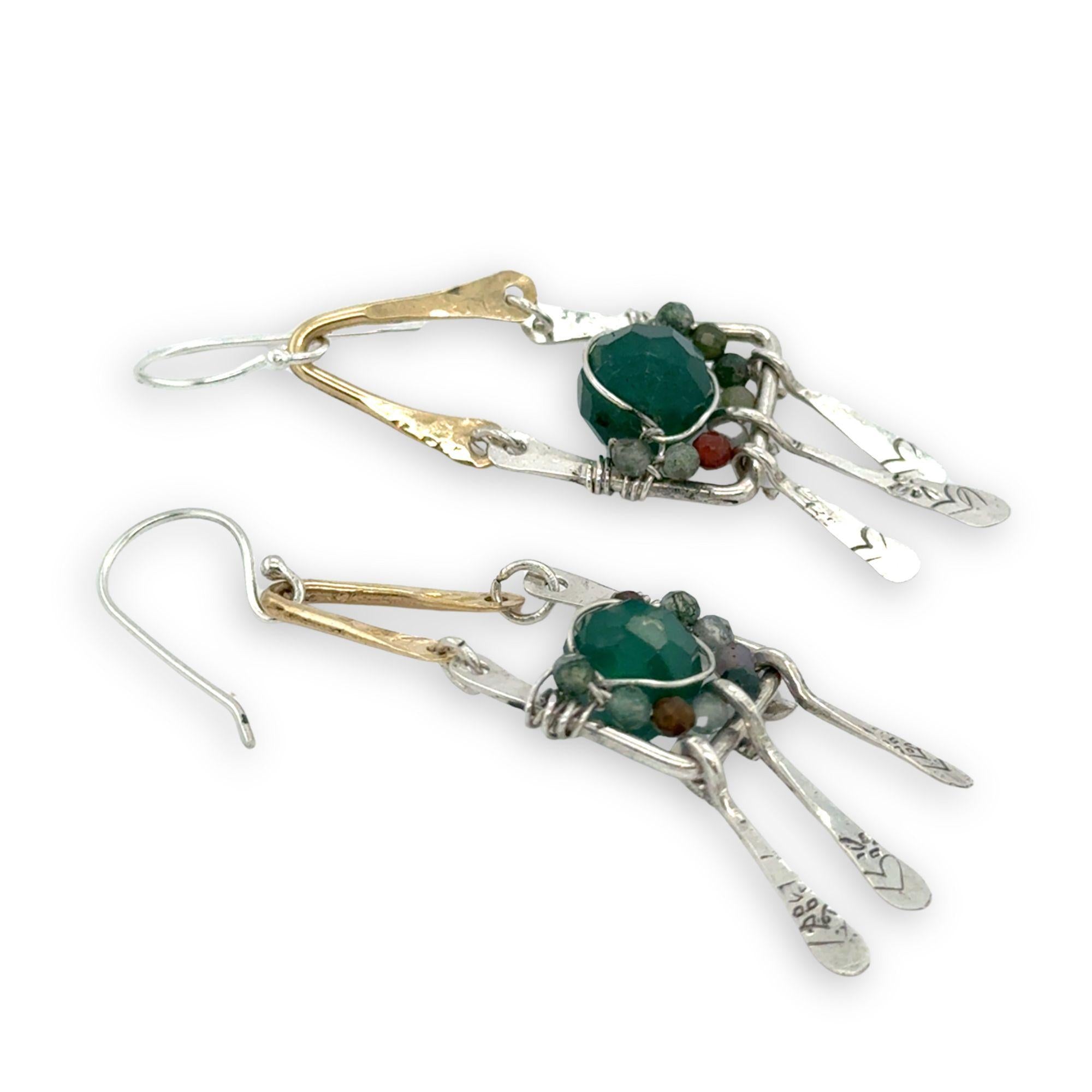 Hammered brass arch and sterling silver box earrings filled with green onyx and fancy jasper gemstones with stamped sterling silver paddles