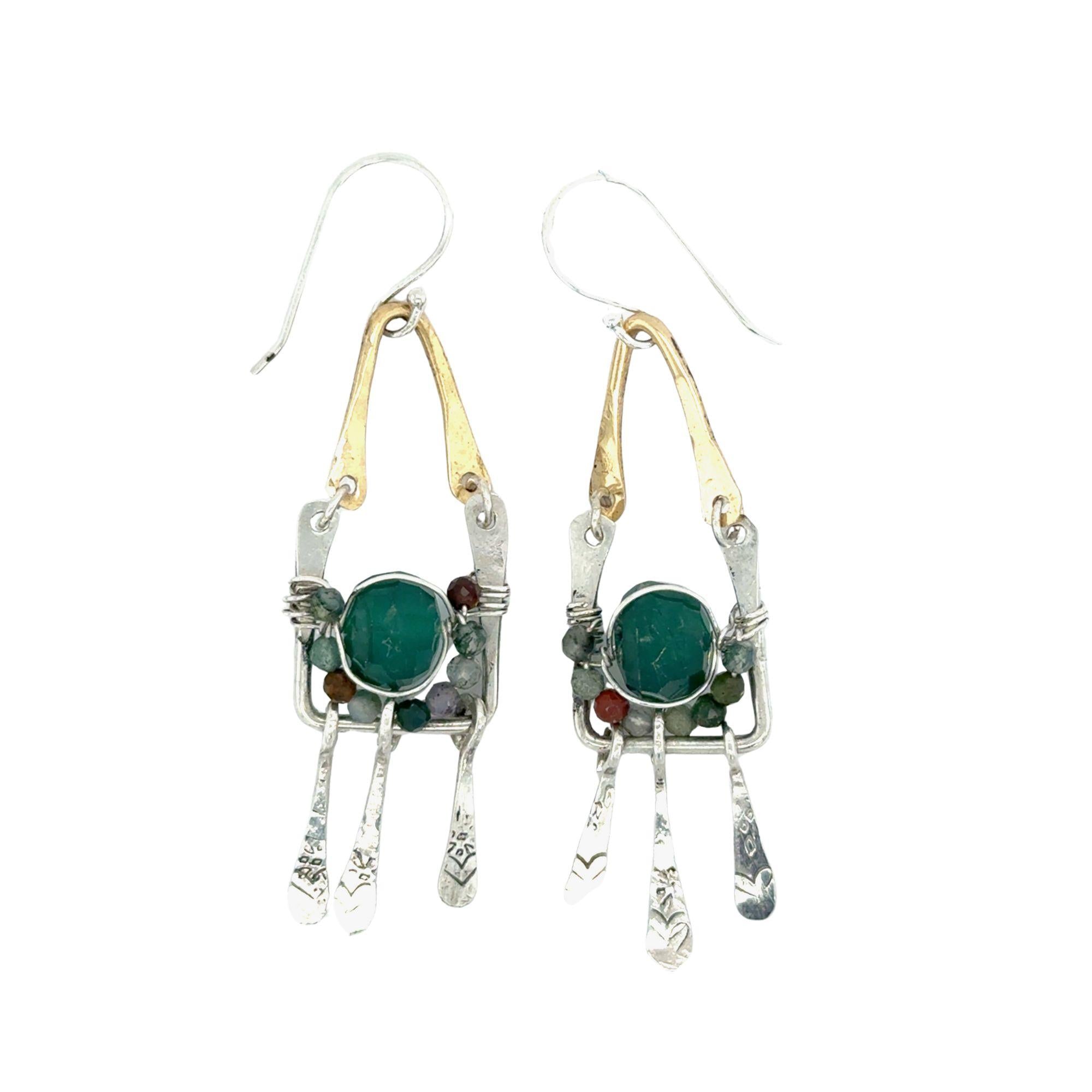 Hammered brass arch and sterling silver box earrings filled with green onyx and fancy jasper gemstones with stamped sterling silver paddles