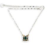 Sterling silver and brass hammered mini pendant holding green onyx and fancy jasper faceted gemstones on a sterling silver tube chain necklace