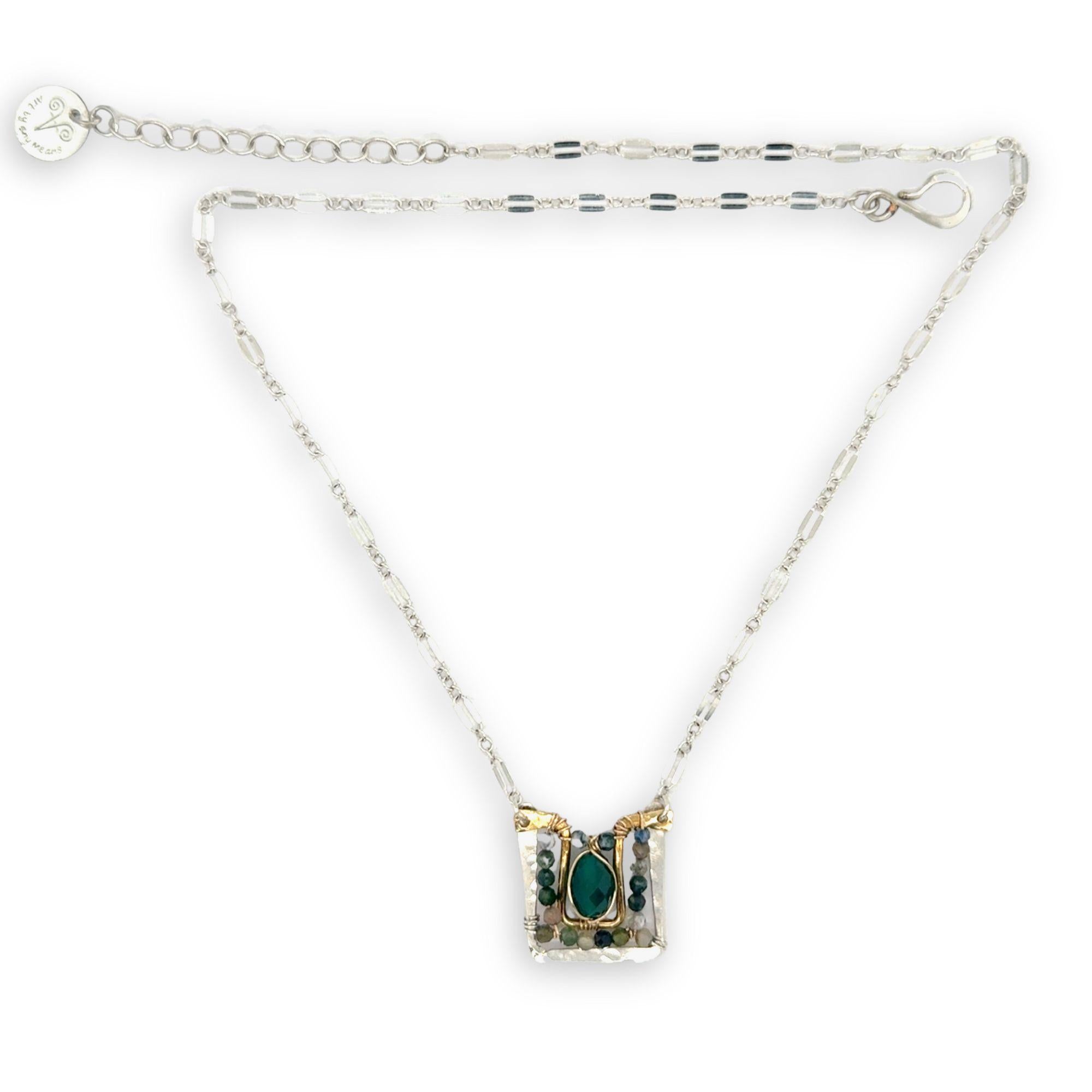 Sterling silver and brass hammered mini pendant holding green onyx and fancy jasper faceted gemstones on a sterling silver tube chain necklace