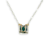 Sterling silver and brass hammered mini pendant holding green onyx and fancy jasper faceted gemstones on a sterling silver tube chain necklace