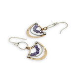 handmade brass fan mini earrings accented with lavender cubic zirconia and oxidized sterling silver twist wire handing from a textured sterling silver link