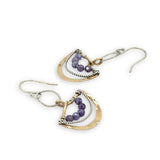 handmade brass fan mini earrings accented with lavender cubic zirconia and oxidized sterling silver twist wire handing from a textured sterling silver link