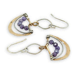 handmade brass fan mini earrings accented with lavender cubic zirconia and oxidized sterling silver twist wire handing from a textured sterling silver link