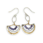 handmade brass fan mini earrings accented with lavender cubic zirconia and oxidized sterling silver twist wire handing from a textured sterling silver link