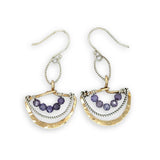 handmade brass fan mini earrings accented with lavender cubic zirconia and oxidized sterling silver twist wire handing from a textured sterling silver link