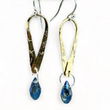 Stamped brass upside down teardrop earrings with blue crystal drop hanging from the bottom