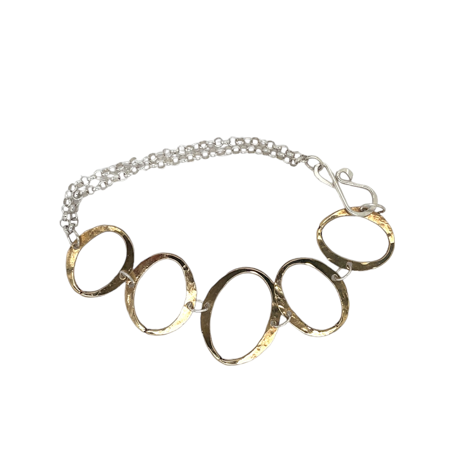 A brass oval link bracelet with a sterling silver double chain and side closure