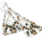Handmade sterling silver hammered triangle earrings with criss cross sterling silver and brass twist wire with pyrite gemstones