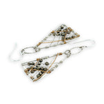 Handmade sterling silver hammered triangle earrings with criss cross sterling silver and brass twist wire with pyrite gemstones
